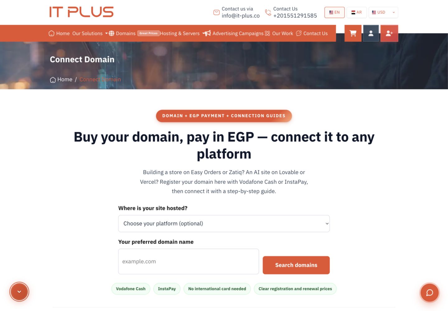 Choose a platform and search for a domain on IT PLUS